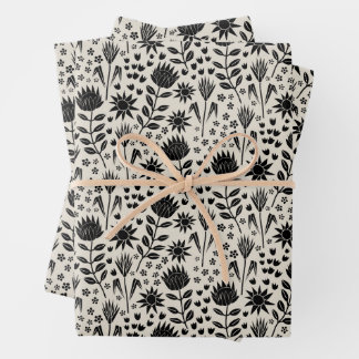 Protea Floral Block Print Millefleur black linen Wrapping Paper Sheets