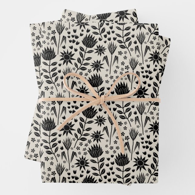 Protea Floral Block Print Millefleur black linen Wrapping Paper Sheets (In situ)