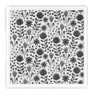Protea Floral Block Print Millefleur black white Acrylic Tray