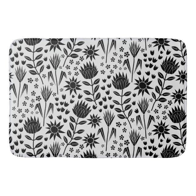 Protea Floral Block Print Millefleur black white Bath Mat (Front)
