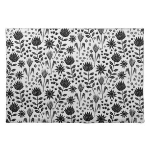 Protea Floral Block Print Millefleur black white Cloth Placemat