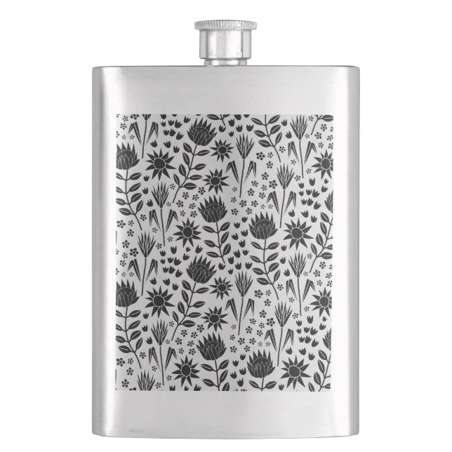 Protea Floral Block Print Millefleur black white Flask (Front)