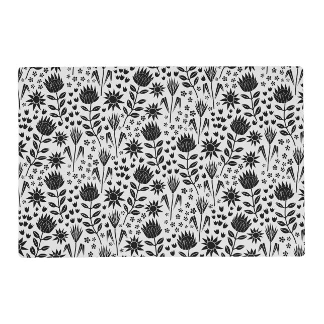 Protea Floral Block Print Millefleur black white Placemat (Front)