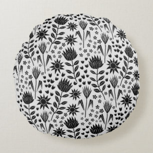 Protea Floral Block Print Millefleur black white Round Pillow
