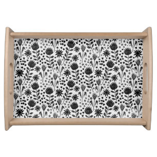 Protea Floral Block Print Millefleur black white Serving Tray