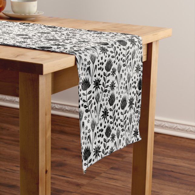 Protea Floral Block Print Millefleur black white Short Table Runner (In Situ)