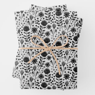 Protea Floral Block Print Millefleur black white Wrapping Paper Sheets