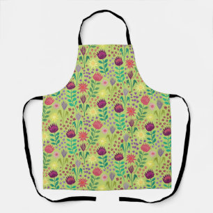 Protea Floral Block Print Millefleur cheery green Apron