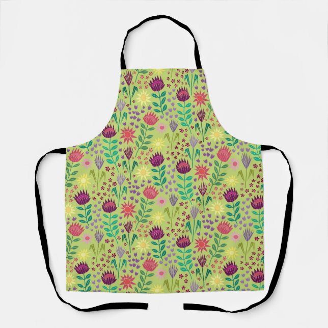 Protea Floral Block Print Millefleur cheery green Apron (Front)