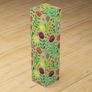 Protea Floral Block Print Millefleur cheery green Wine Box