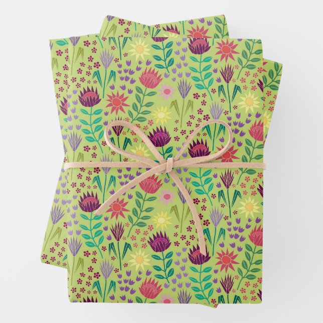 Protea Floral Block Print Millefleur cheery green Wrapping Paper Sheets (In situ)