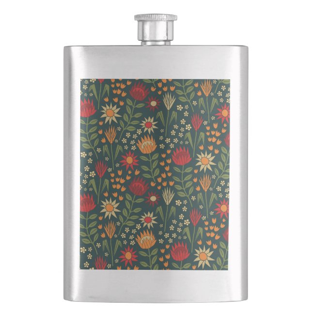 Protea Floral Block Print Millefleur darks Flask (Front)
