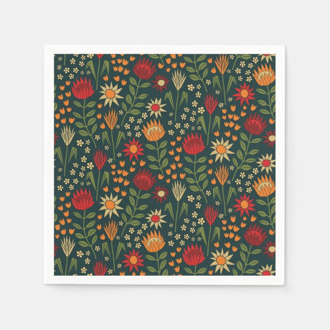 Protea Floral Block Print Millefleur darks Napkins (Front)