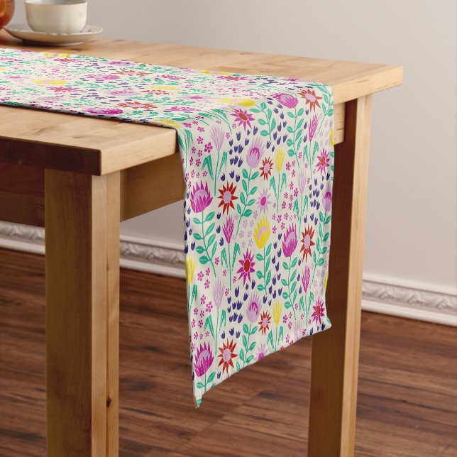 Protea Floral Block Print Millefleur lights Short Table Runner (In Situ)