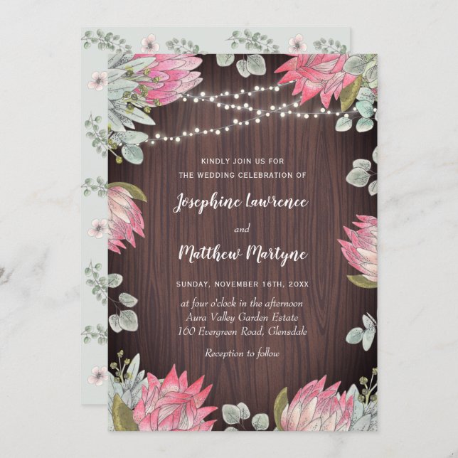Protea Floral Lights Wood Wedding Invitation (Front/Back)