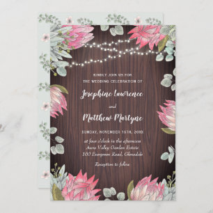 Protea Floral Lights Wood Wedding Invitation
