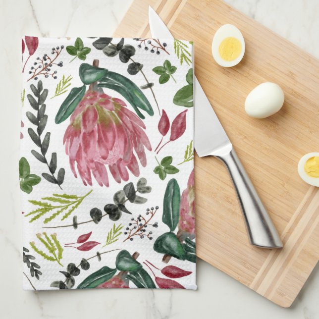 Protea Floral Watercolor Botanical Kitchen Towel (Quarter Fold)