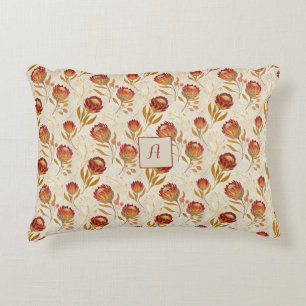 Protea Flower Floral beige red Pattern monogram Accent Pillow