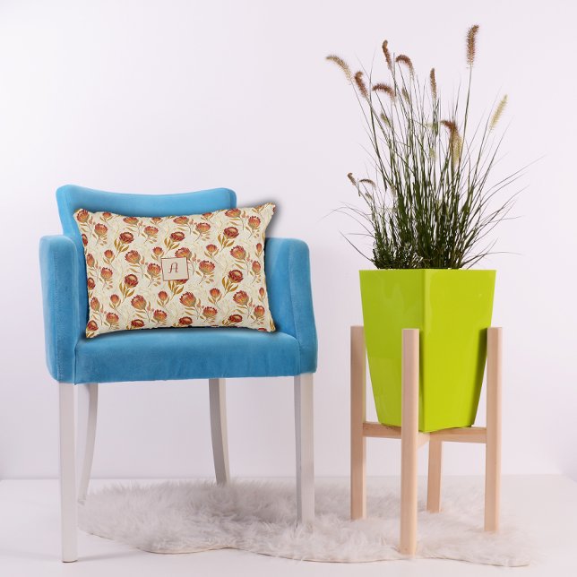 Protea Flower Floral beige red Pattern monogram Accent Pillow (Creator Uploaded)