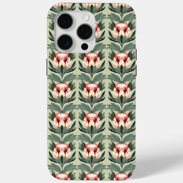 Protea Flower Pattern Coral Sage Tones iPhone Case (Back)