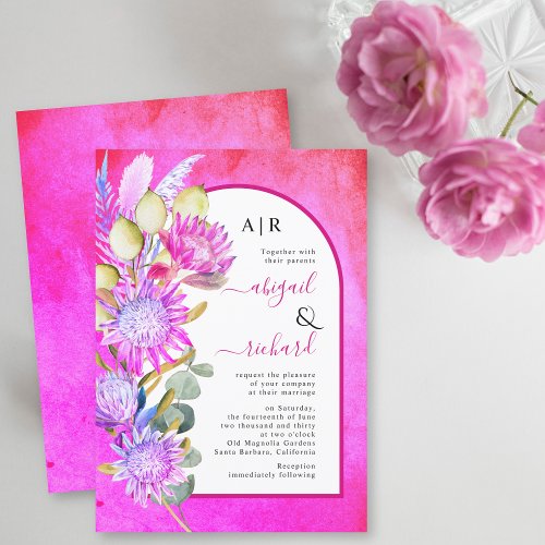 Protea flowers and pampas grass magenta wedding invitation