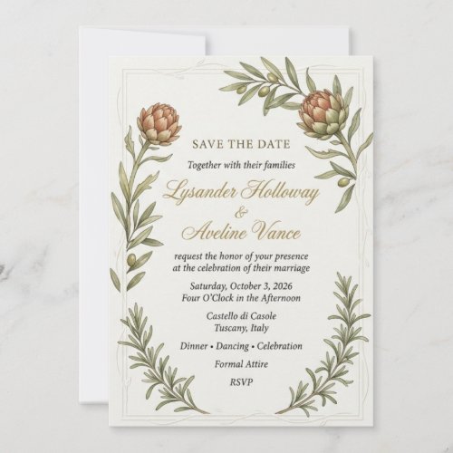 Protea Flowers, Olive Branches, Rosemary Sprigs, B Invitation