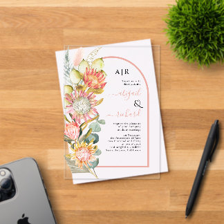 Protea flowers pampas grass and eucalyprus wedding acrylic invitations