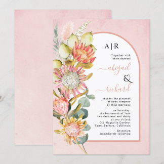 Protea flowers pampas grass and eucalyprus wedding invitation