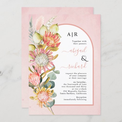 Protea flowers pampas grass and eucalyprus wedding invitation