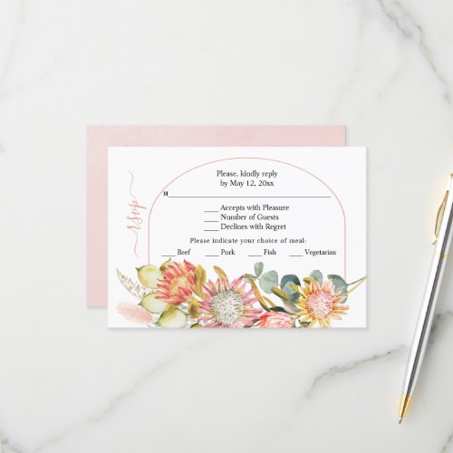 Protea flowers pampas grass and eucalyprus wedding RSVP card