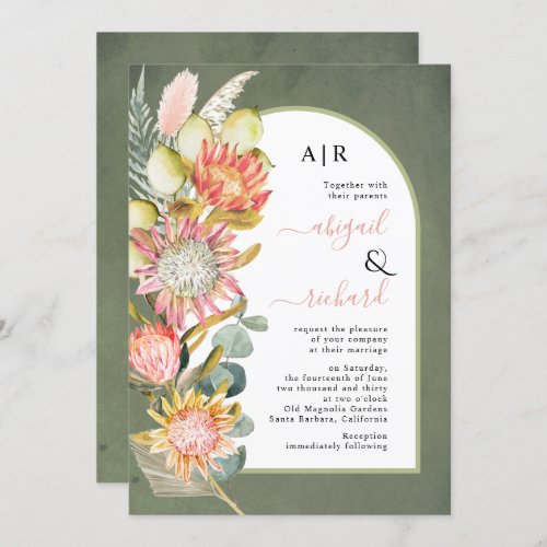 Protea flowers pampas grass green wedding invitation