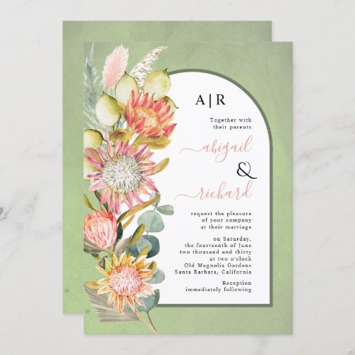 Protea flowers pampas grass sage green wedding invitation