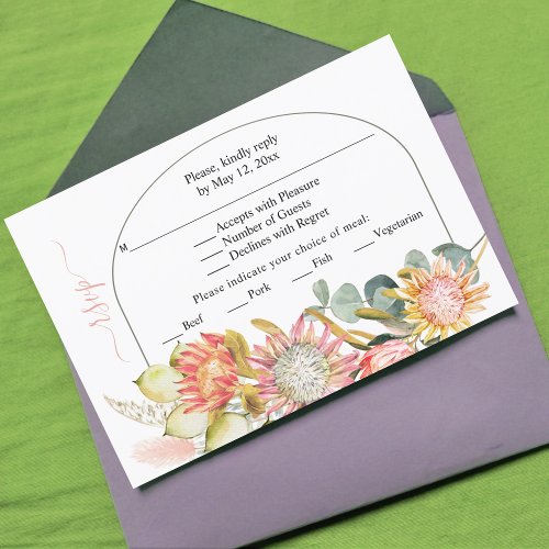 Protea flowers pampas grass sage green wedding RSV RSVP Card