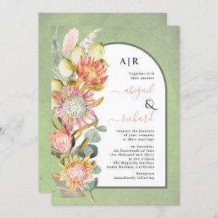 Protea flowers QR code RSVP green arch wedding Invitation