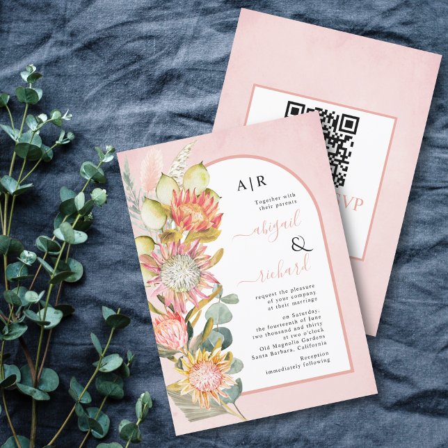 Protea flowers QR code RSVP pink arch wedding Invi Invitation (Creator Uploaded)