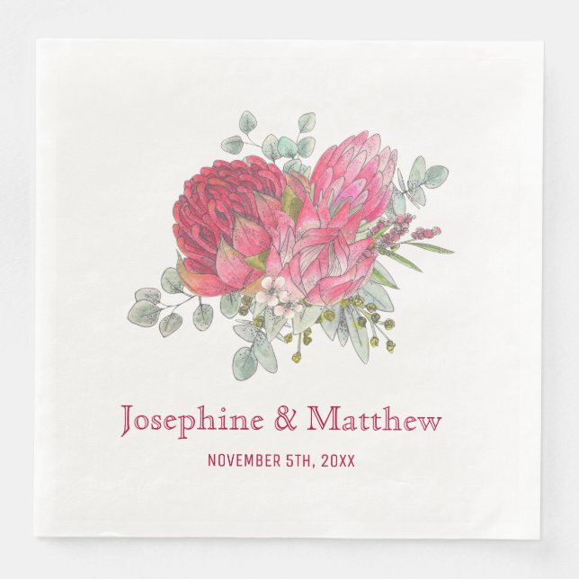 Protea Flowers & Waratah Wedding Paper Dinner Napkins (Front)