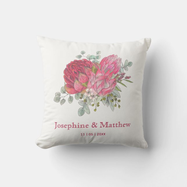 Protea Flowers & Waratah Wedding Throw Pillow (Front)