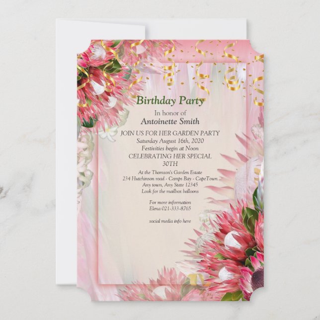 Protea -  Strelitzia Flower Birthday Invitation (Front)