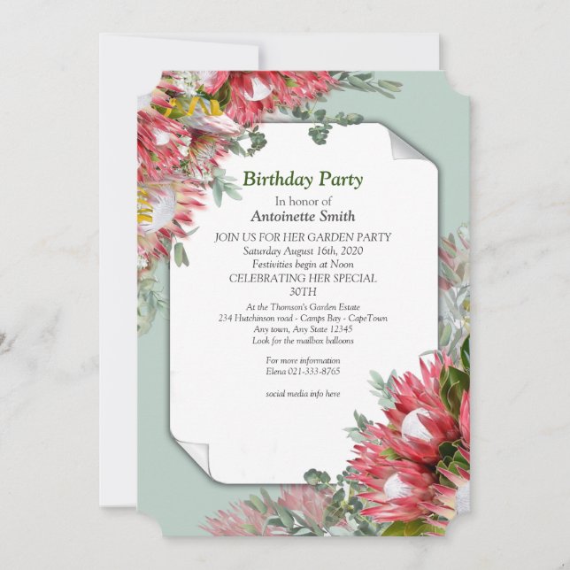 Protea -  Strelitzia Flower Birthday Invitation (Front)