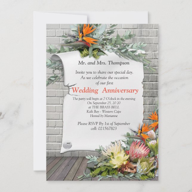 Protea -  Strelitzia Flower Bouquets Anniversary Invitation (Front)