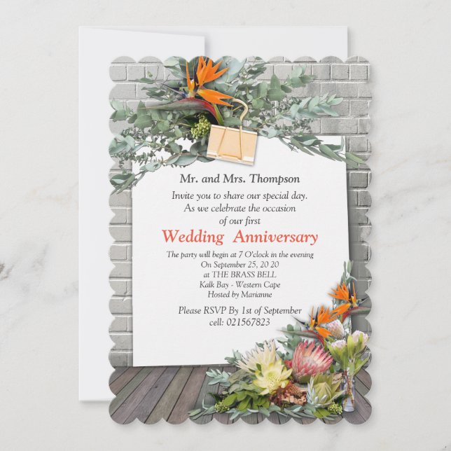 Protea -  Strelitzia Flower Bouquets Anniversary Invitation (Front)