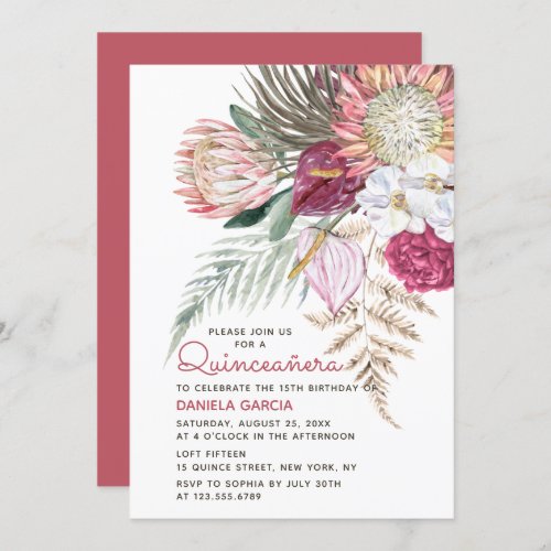 Protea Watercolor Floral Bouquet Quinceaera Invitation