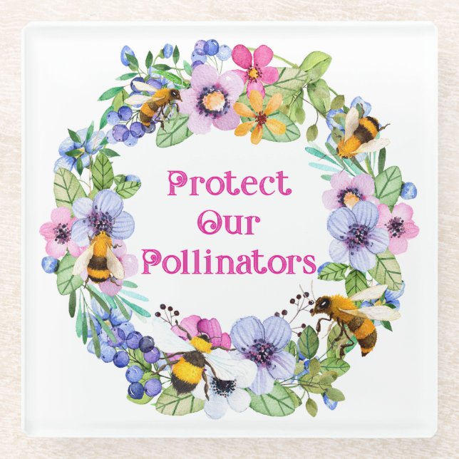Protect Our Pollinators Bees Flowers Glass Coaster (Front)