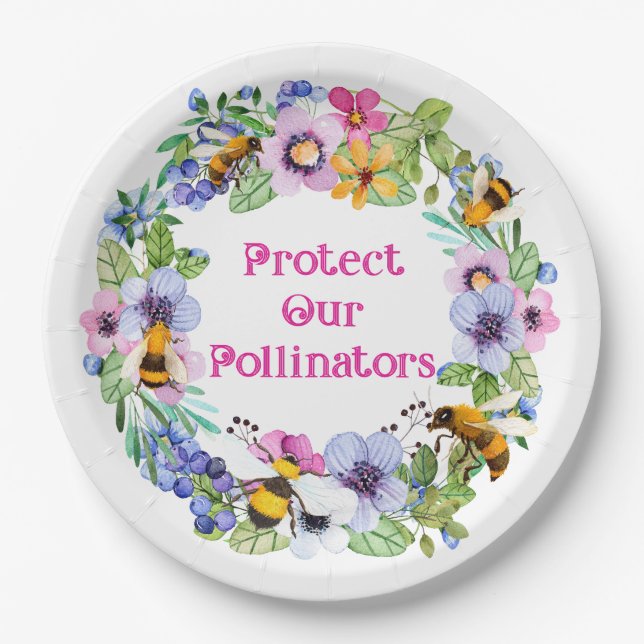 Protect Our Pollinators Bees Flowers Paper Plates (Front)
