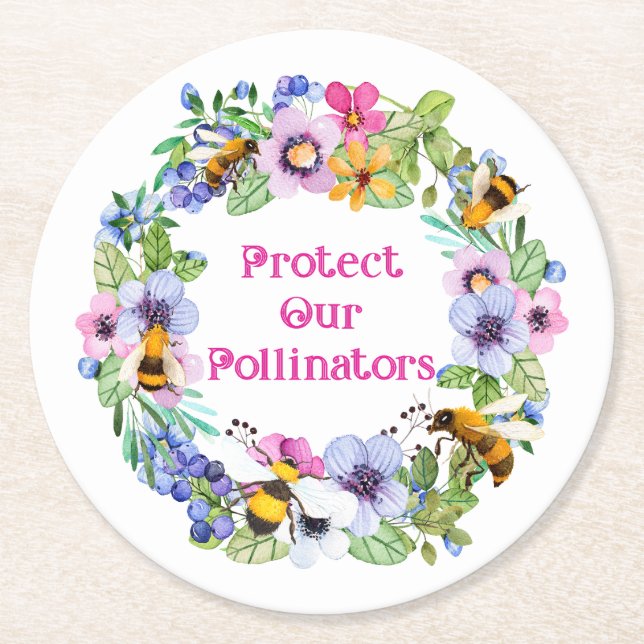 Protect Our Pollinators Bees Flowers Round Paper Coaster (Front)