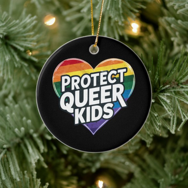  Protect Queer Kids  Rainbow Heart  LGBT Pride  Ceramic Ornament (Tree)