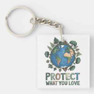 Protect What You Love" Environmental Earth Design Keychain