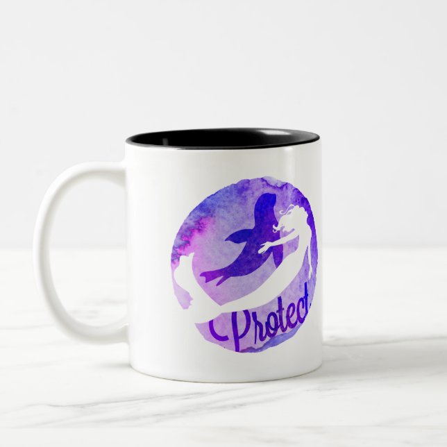 “Protect” with Mermaid and Harbor Seal Two-Tone Coffee Mug (Left)
