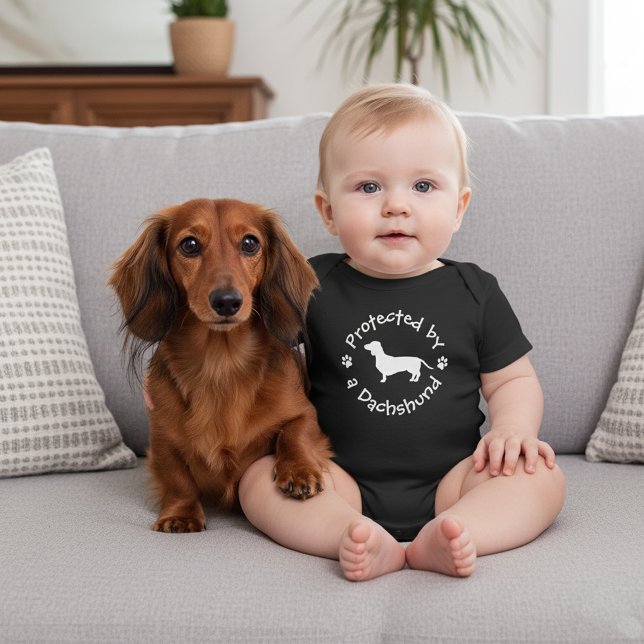 Protected by a Dachshund - Doxie Baby Outfit Bodysuit (Protected by a dachshund - funny baby shower doxie gift)