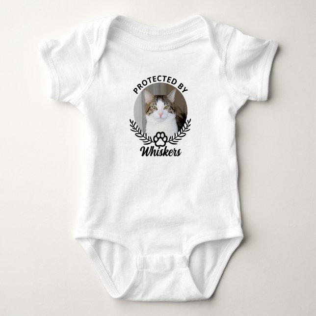 Protected by Cat Custom Photo and Cat Name Baby Bodysuit (Front)